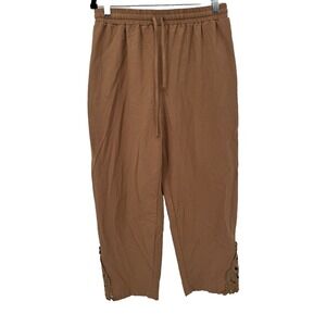 Crochet Cotton Lace Trim Crop Elastic Pants brown Boho Minimalist Resort Beach L